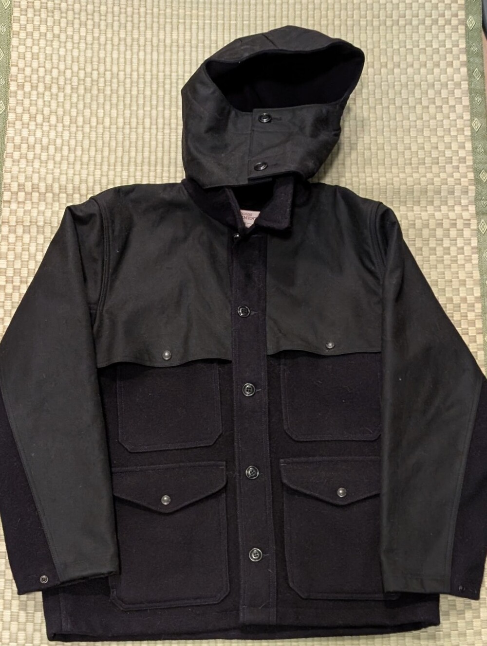 Filson Mackinaw Wool Double Coat w/ Hood Dark Navy Waxed Tin Cloth Mens Size Med